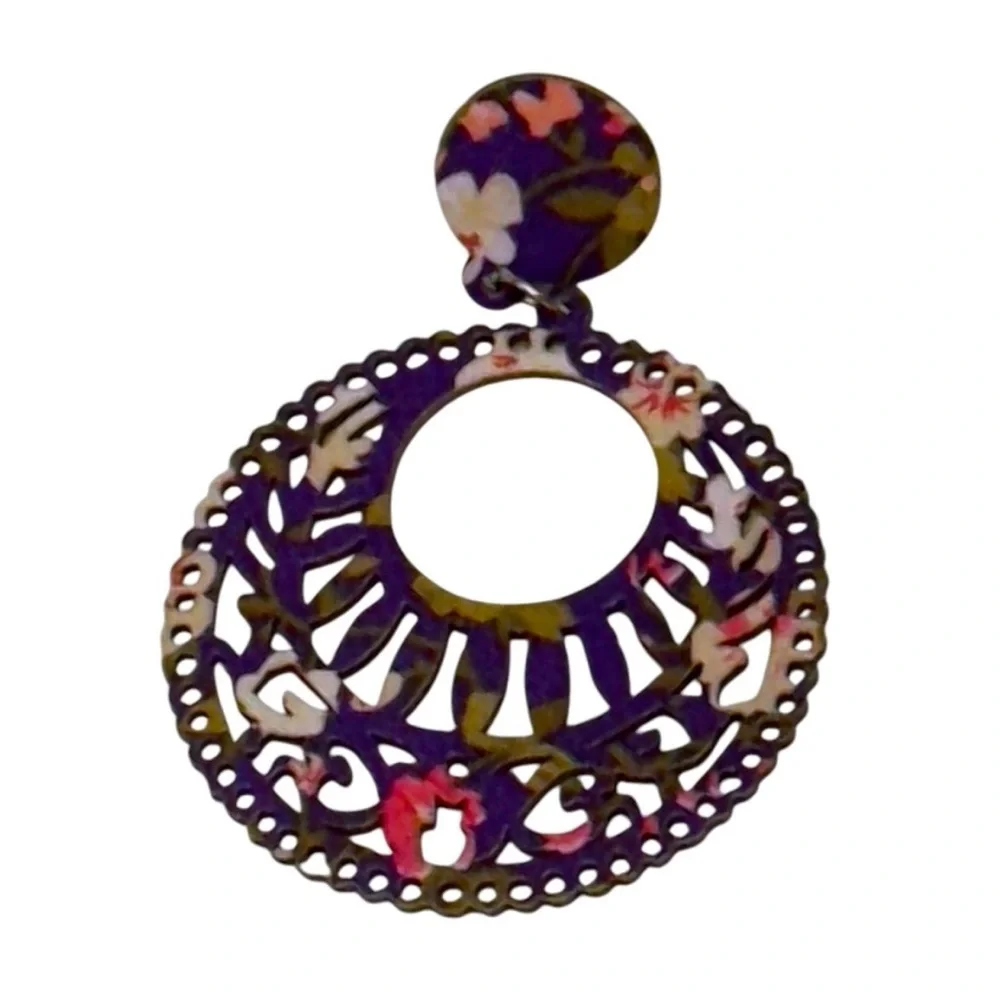UNBRANDED Bohemian RETRO Purple Floral Print WOODEN Stud Drop Dangle EARRINGS